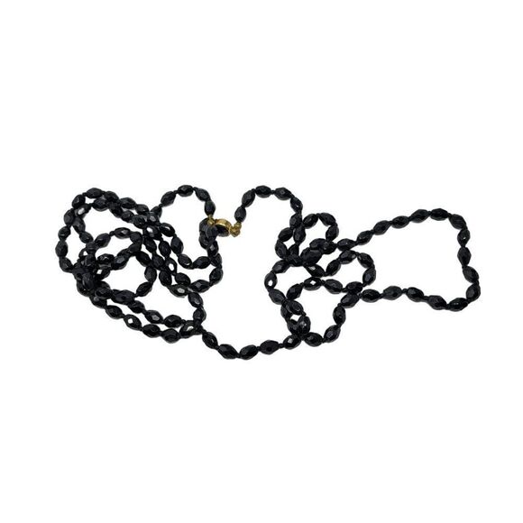 Vintage Signed Austrian Black Glass Beaded Flapper Necklace Oblong Bicone Long - Picture 8 of 13
